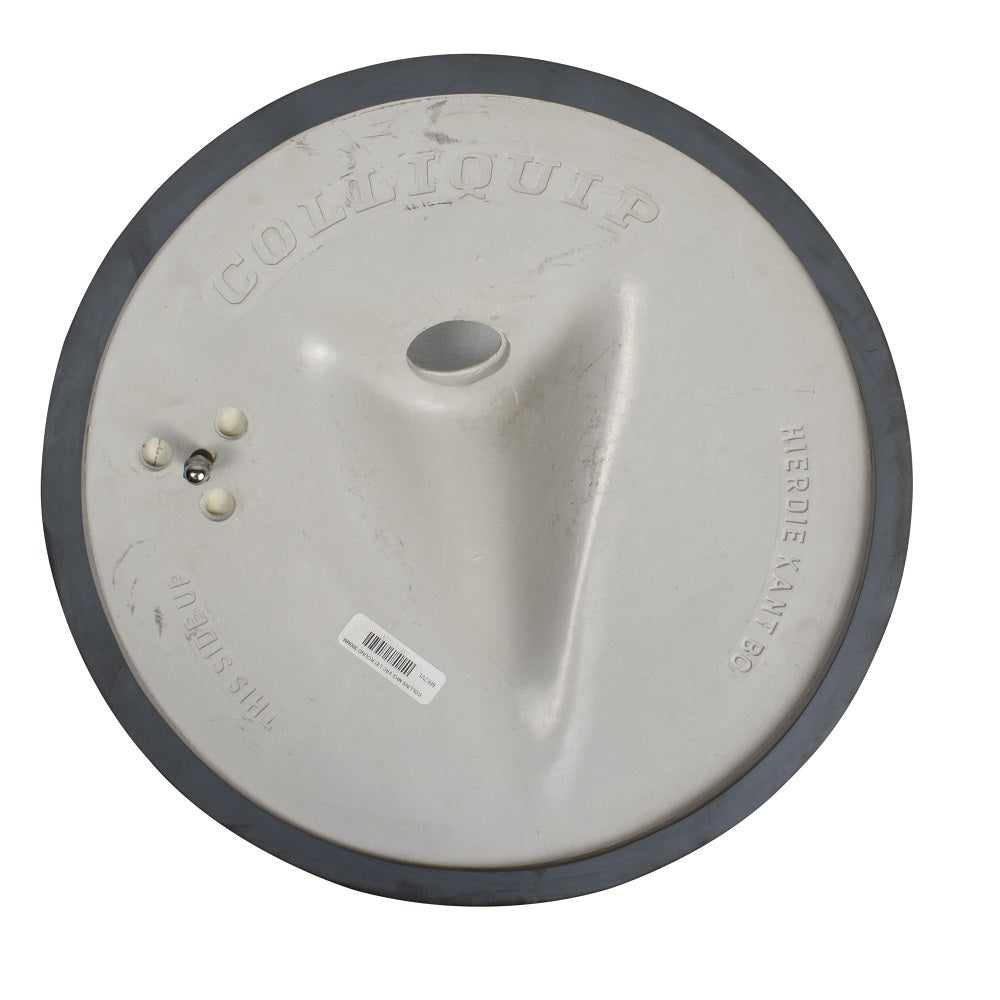 Colliquip round white plastic vacuum lid 300mm with grey rubber edge seal, central hub and embossed branding, top view