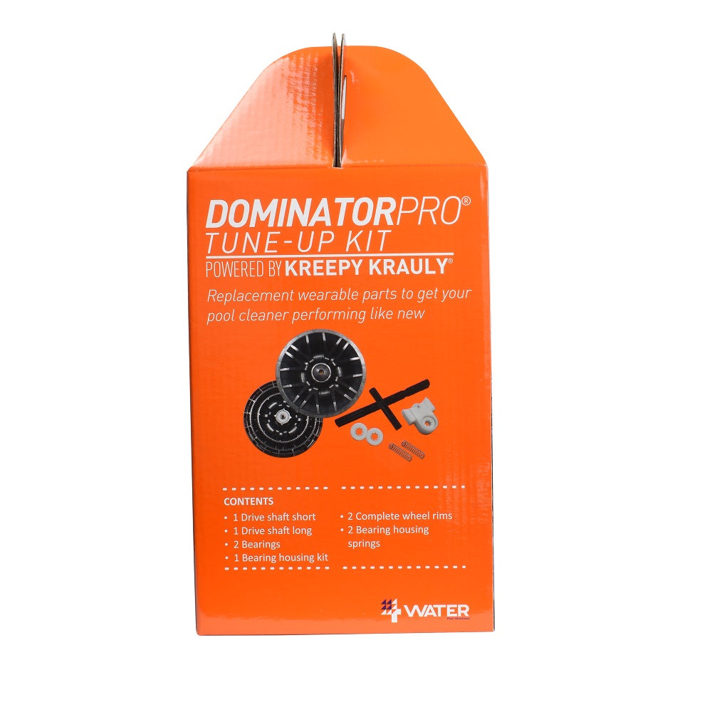 Kreepy Krauly Dominator Pro Tune-Up Kit in orange cardboard box with wheel rims, drive shafts, bearings and springs shown on pack