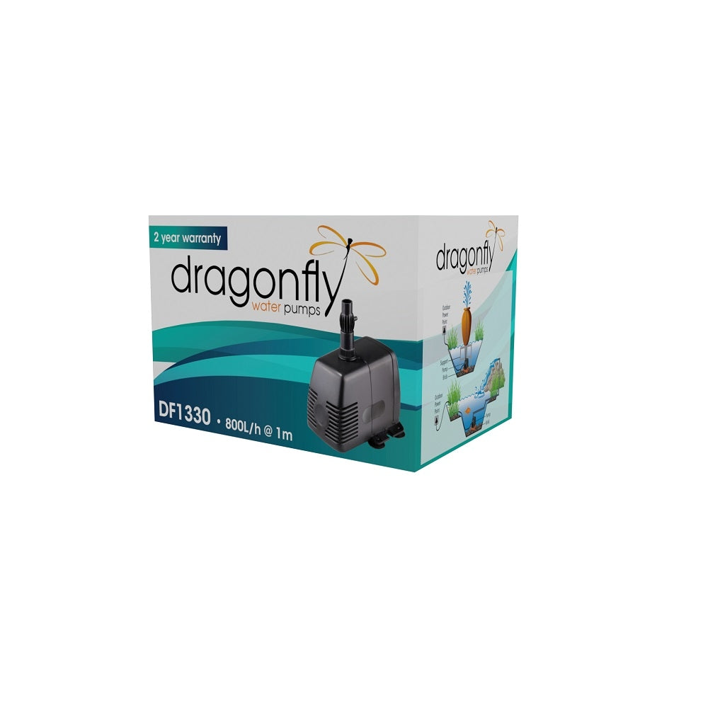 Dragonfly DF1330 submersible water pump in black on teal and white branded packaging, 800L/h at 1m flow rate