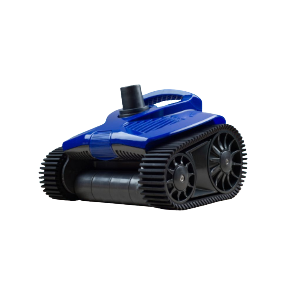 Kreepy Krauly Hug Bug Pro Pool Cleaner in blue with black rubber tracks and top carry handle, on white background