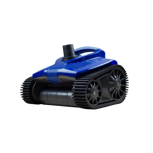 Kreepy Krauly Hug Bug Pro Pool Cleaner in blue with black rubber tracks and top carry handle, on white background
