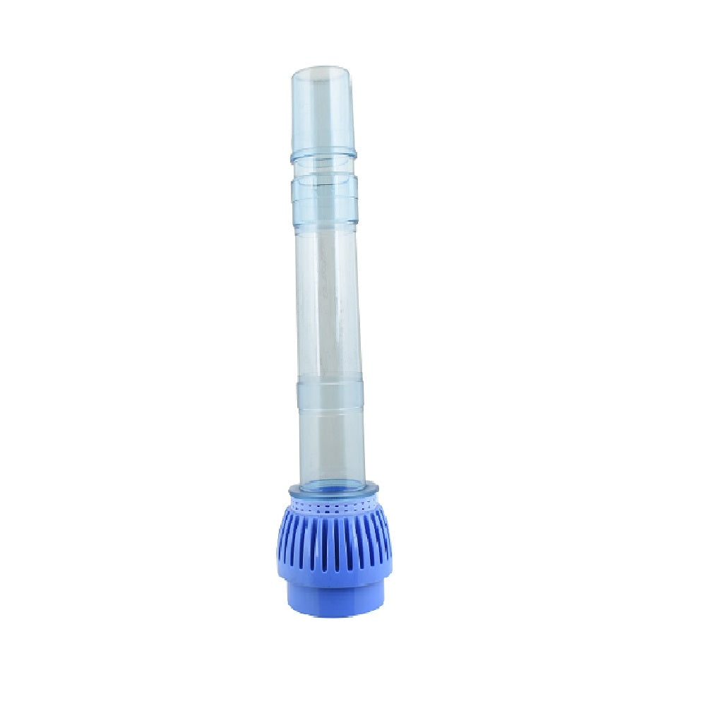 Aquarium or pool filter intake tube with clear transparent cylinder body and blue ribbed strainer base