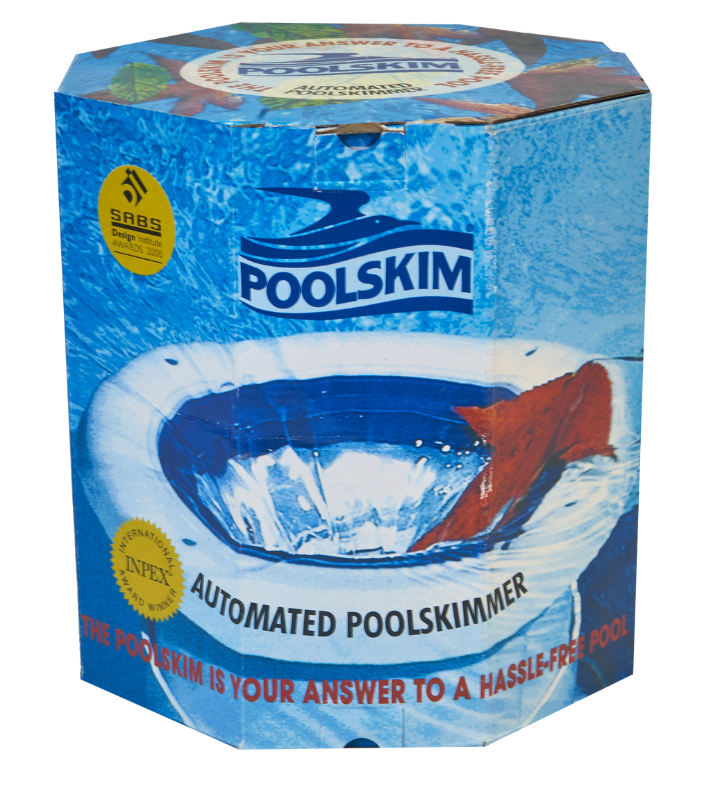 Poolskim automated pool skimmer in blue octagonal packaging with SABS and INPEX award badges