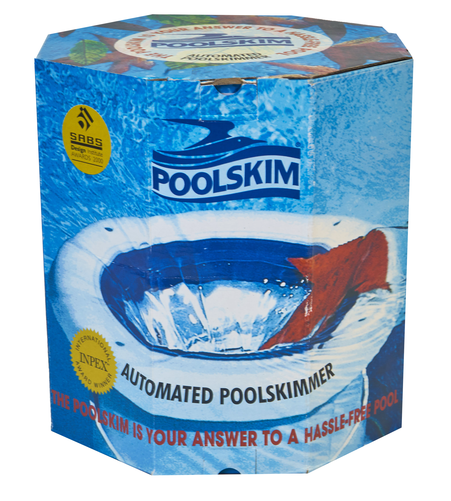 Poolskim automated pool skimmer in blue octagonal packaging with SABS and INPEX award badges