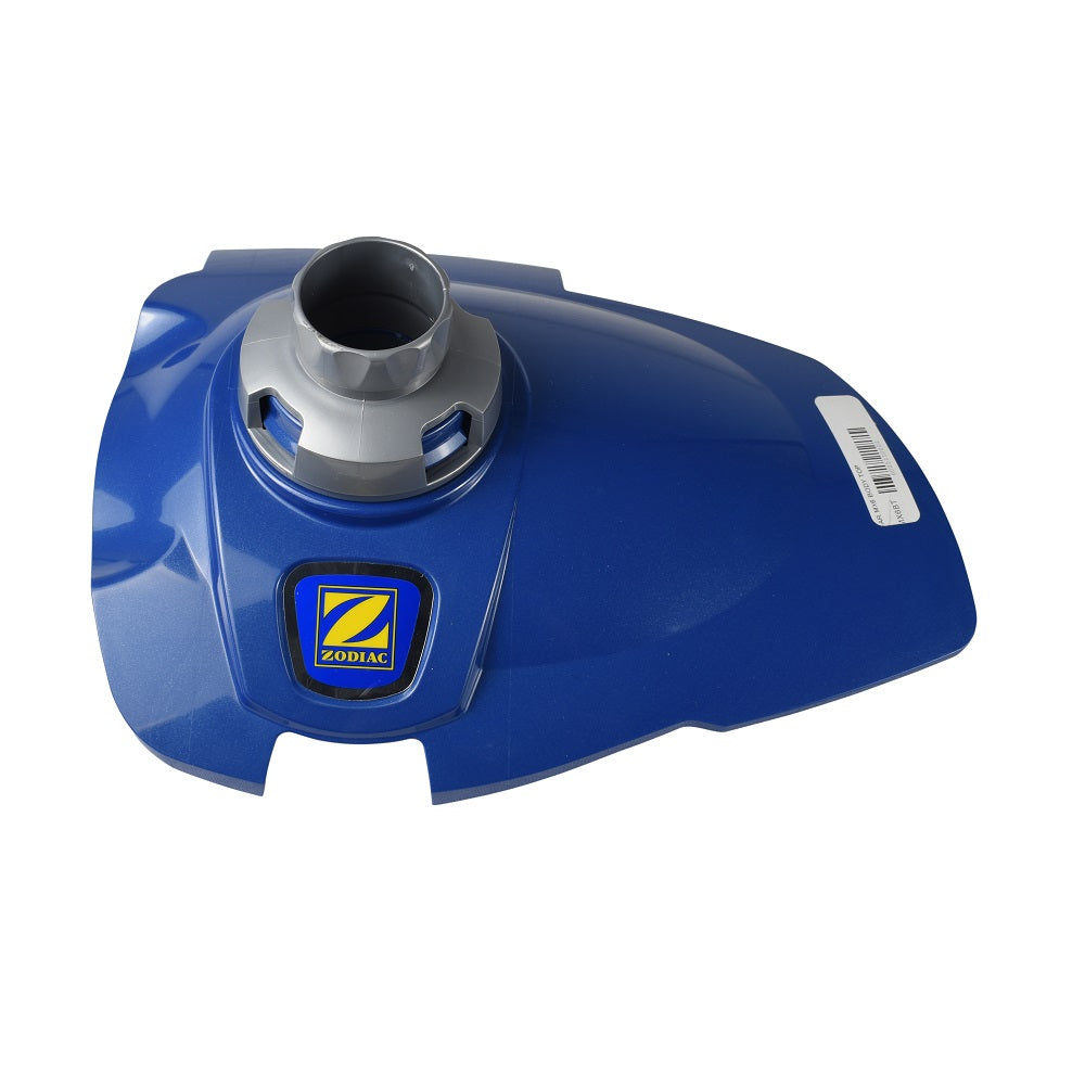 Zodiac MX6 pool cleaner body top cover in glossy blue plastic with grey hose connector fitting and Zodiac logo badge