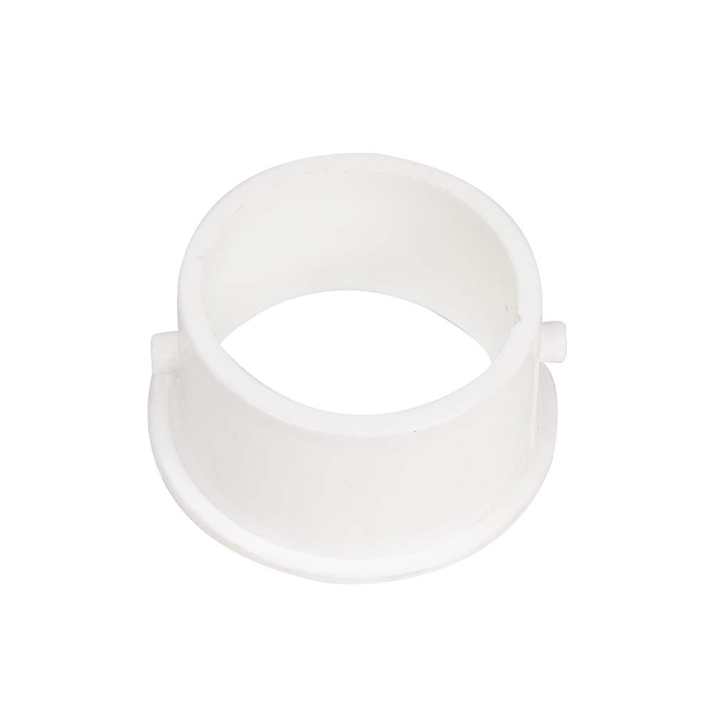 White plastic flanged bushing adapter with twist-lock tabs, circular hollow centre, flat base flange for pool cleaner hose connection