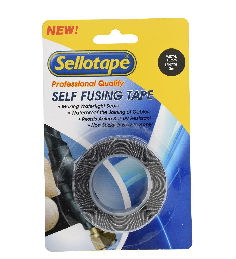 Sellotape Professional Quality Self Fusing Tape in black, 18mm x 3m roll on yellow and blue retail blister card