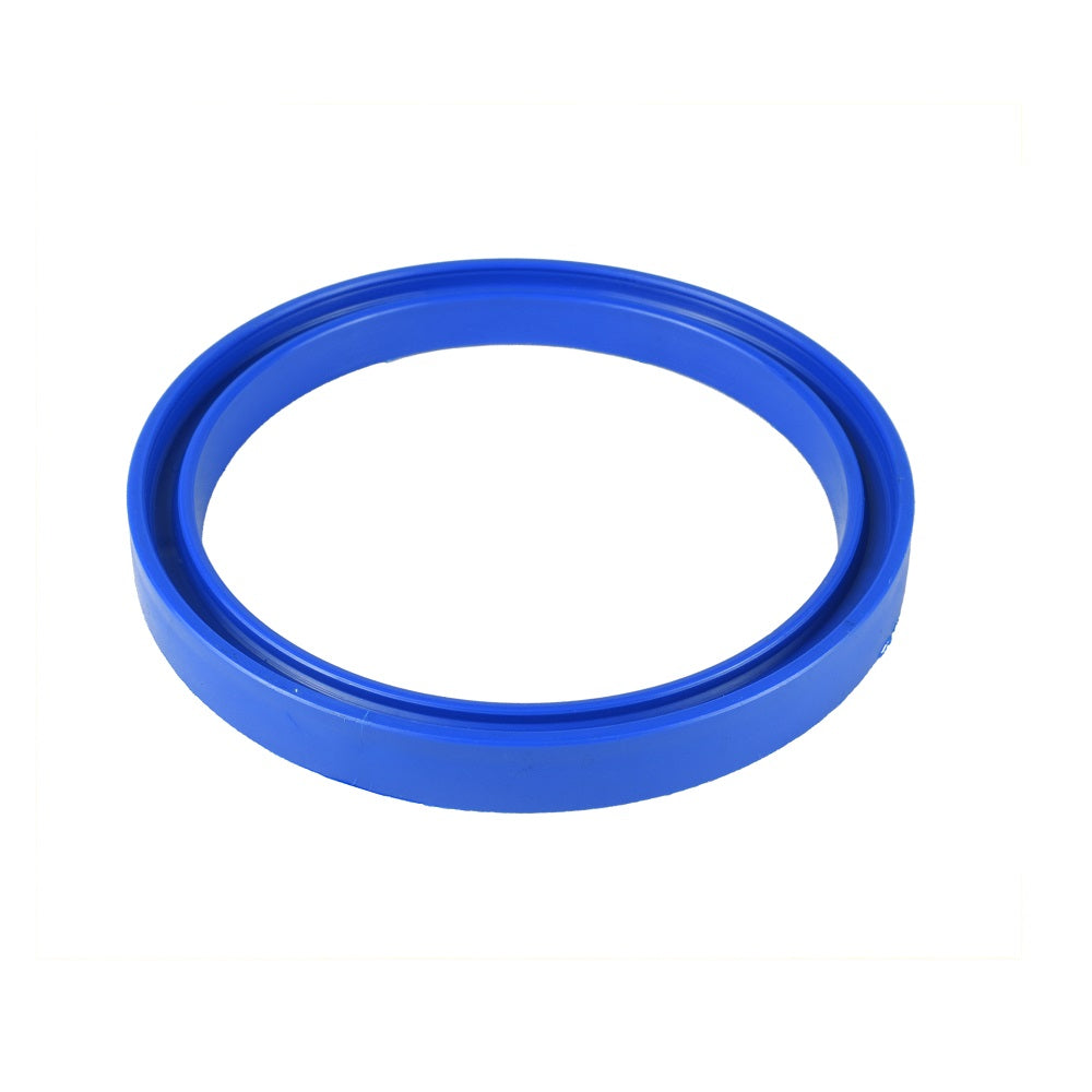 Blue polyurethane hydraulic piston seal ring with flat profile and grooved inner edge, large diameter