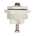 White plastic hydrostatic valve with threaded body, stainless steel spring and hex bolt assembly for pool or heating systems