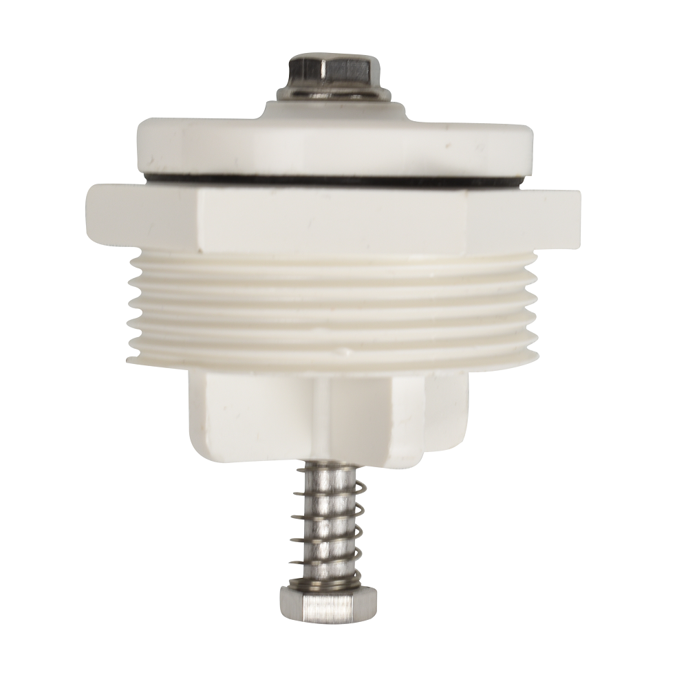 White plastic hydrostatic valve with threaded body, stainless steel spring and hex bolt assembly for pool or heating systems