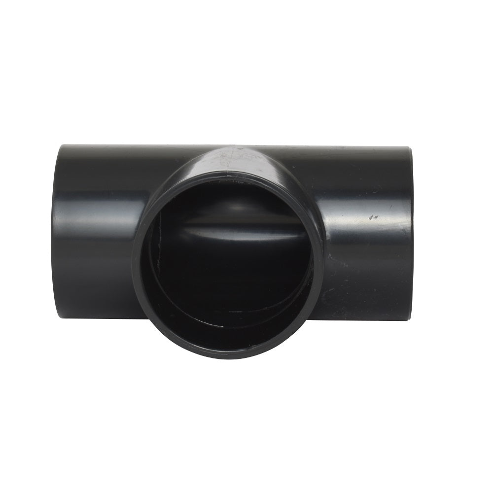 Black PVC 50mm tee pipe fitting with three open socket ends in a T-shaped configuration