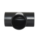 Black PVC 50mm tee pipe fitting with three open socket ends in a T-shaped configuration