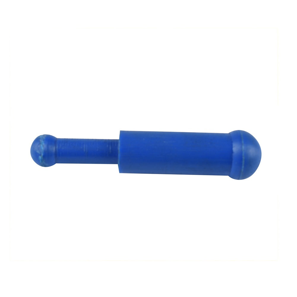 Blue plastic pool skimmer bumper with cylindrical body and rounded ball-end tip, isolated on white background