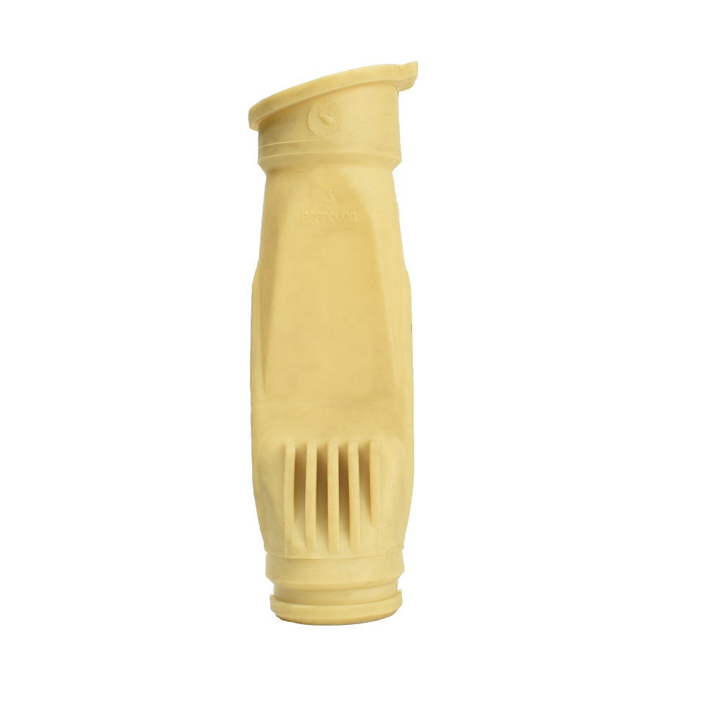 Pale yellow rubber diaphragm pacer cleaner with ribbed lower body and flared top opening on white background