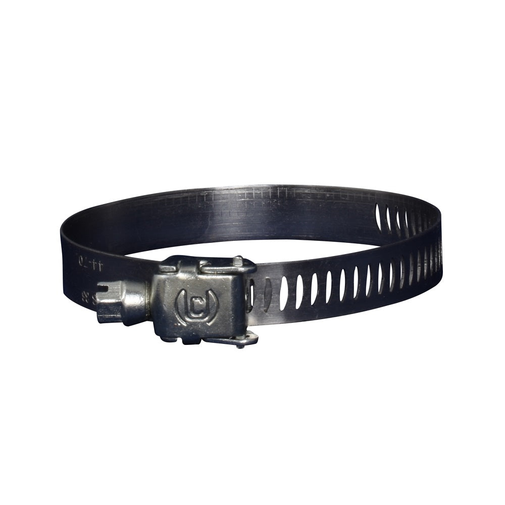 Aqua Pro 50mm stainless steel pipe clamp with perforated black band and screw-tightening buckle, isolated on white
