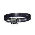 Aqua Pro 50mm stainless steel pipe clamp with perforated black band and screw-tightening buckle, isolated on white