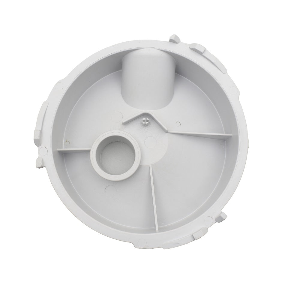 White plastic pool pump strainer lid with central outlet port, ribbed interior dividers, and bayonet-style locking tabs around outer rim