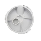 White plastic pool pump strainer lid with central outlet port, ribbed interior dividers, and bayonet-style locking tabs around outer rim