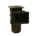 Black plastic pool skimmer box with square lid, open rectangular weir door, bolt-flanged housing and cylindrical barrel base