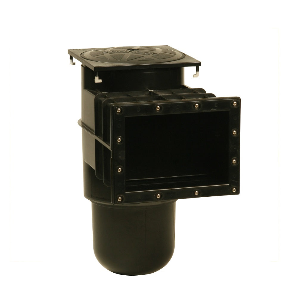 Black plastic pool skimmer box with square lid, open rectangular weir door, bolt-flanged housing and cylindrical barrel base