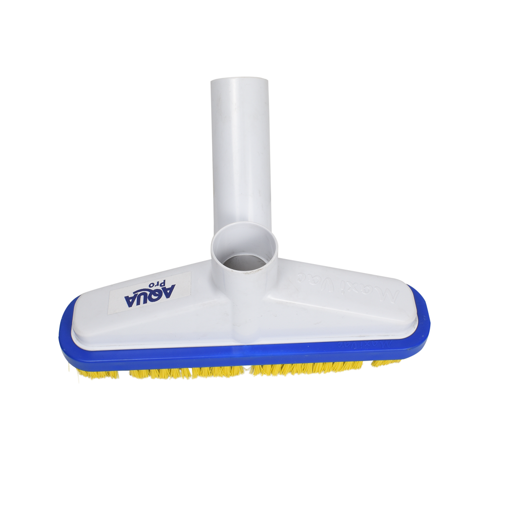 Aqua Pro pool vacuum sweeper head with white plastic body, blue trim, and yellow bristles, pole connector socket on top