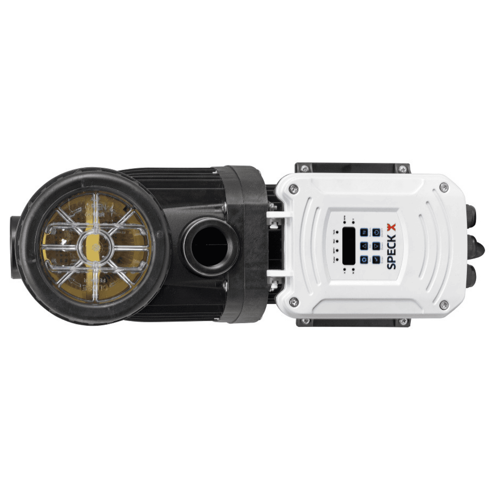 Speck Badu Solar Smart pool pump, top-down view showing black strainer pot with amber basket and white digital control panel