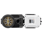 Speck Badu Solar Smart pool pump, top-down view showing black strainer pot with amber basket and white digital control panel