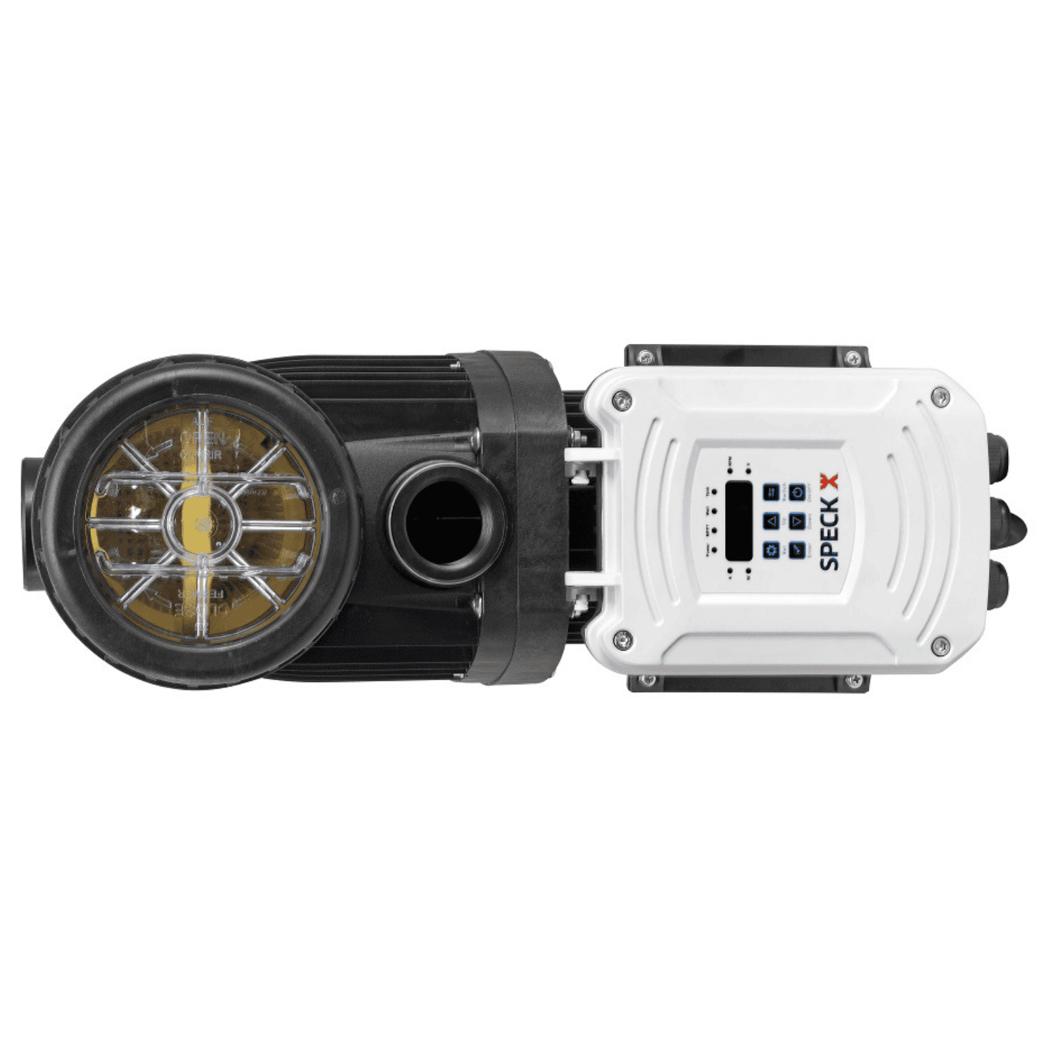 Speck Badu Solar Smart pool pump, top-down view showing black strainer pot with amber basket and white digital control panel