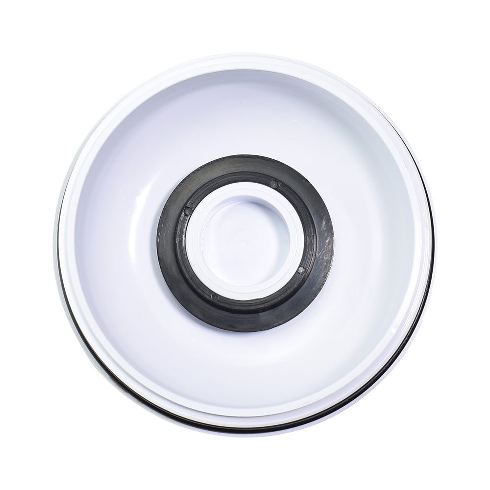 White round spa cartridge filter lid with central black rubber seal gasket, viewed from above