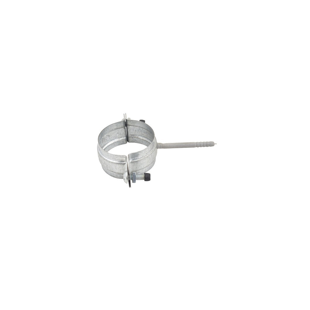 Galvanised steel round pipe clamp holderbat 50mm with wall plug and bolt fixing hardware visible