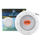 Round white IPP LED pool light with orange 12V AC warning label, shown with retail box