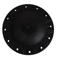 Black plastic circular filter lid with ribbed outer flange, central dome, and evenly spaced mounting holes, compatible with Speck Aquaswim 610