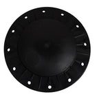 Black plastic circular filter lid with ribbed outer flange, central dome, and evenly spaced mounting holes, compatible with Speck Aquaswim 610