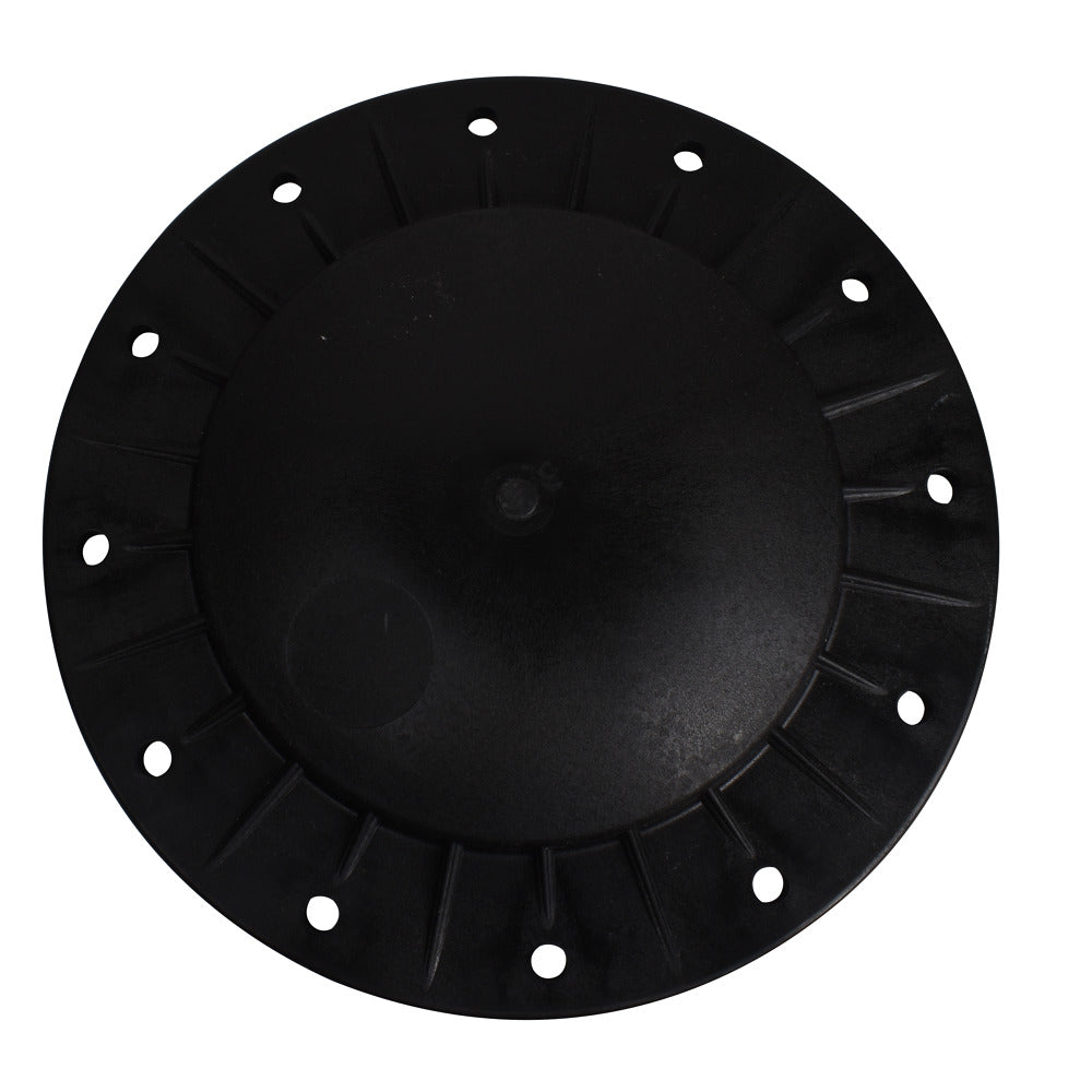 Black plastic circular filter lid with ribbed outer flange, central dome, and evenly spaced mounting holes, compatible with Speck Aquaswim 610