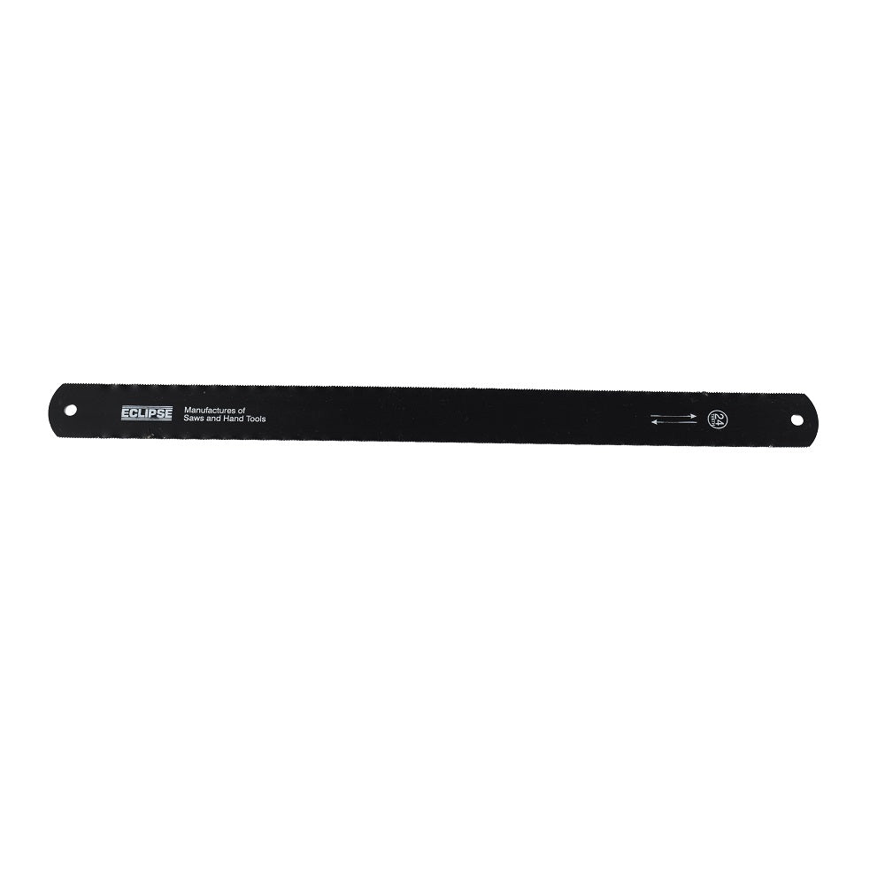 Eclipse double-sided hacksaw blade, black metal, serrated teeth on both edges, two mounting holes, long flat strip design
