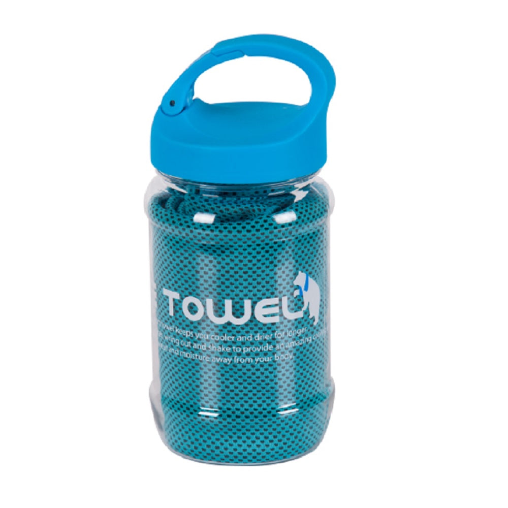 Blue mesh cooling towel rolled inside clear plastic bottle container with blue carabiner-clip lid and white Towel branding