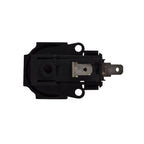 Black two-way air switch with metal spade terminals and mounting holes, compact plastic body for equipment use