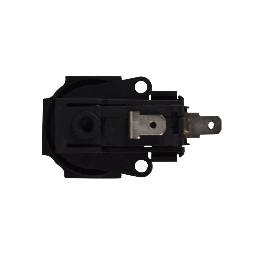 Black two-way air switch with metal spade terminals and mounting holes, compact plastic body for equipment use
