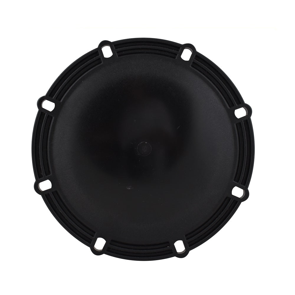 Black round filter lid with o-ring gasket, ribbed edge with mounting slots, matte plastic finish, top-down view