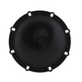 Black round filter lid with o-ring gasket, ribbed edge with mounting slots, matte plastic finish, top-down view