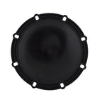 Black round filter lid with o-ring gasket, ribbed edge with mounting slots, matte plastic finish, top-down view