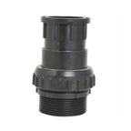 Dark grey plastic union pipe fitting with ribbed locking collar, threaded male end and 50mm push-fit socket connection