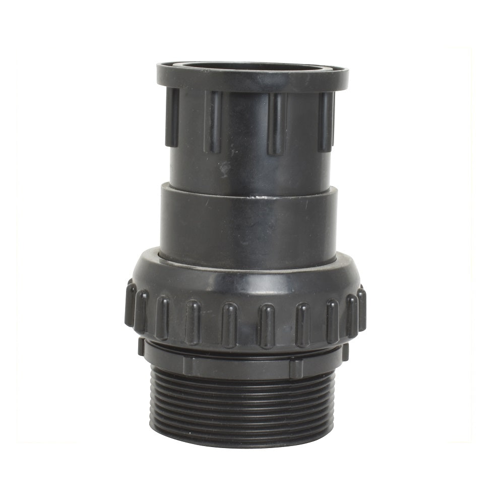 Dark grey plastic union pipe fitting with ribbed locking collar, threaded male end and 50mm push-fit socket connection