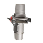 Zodiac regulator valve in grey and silver with spring-loaded clamp mechanism, red release lever, and ribbed hose connector fitting
