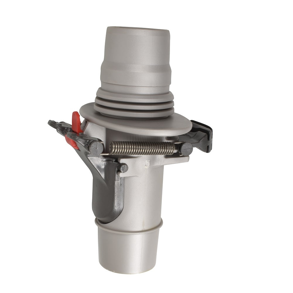 Zodiac regulator valve in grey and silver with spring-loaded clamp mechanism, red release lever, and ribbed hose connector fitting
