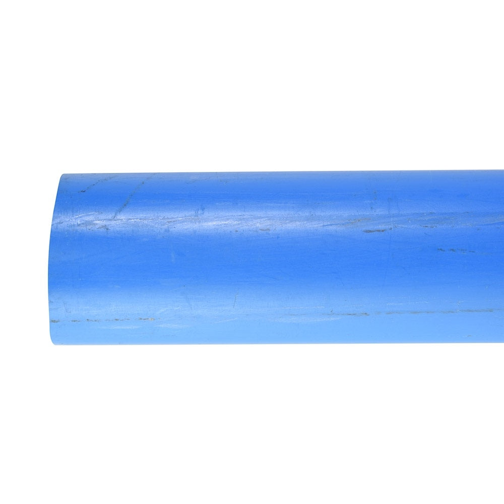 Blue PVC pipe 63mm diameter with light surface scuffs, shown horizontally against white background, sold per metre