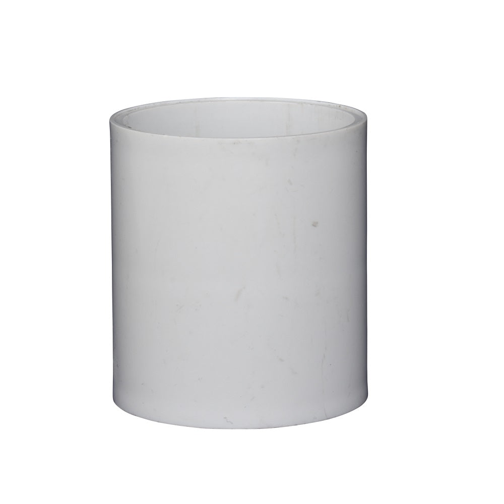 White PVC 50mm straight pipe coupling connector with smooth cylindrical body and open ends