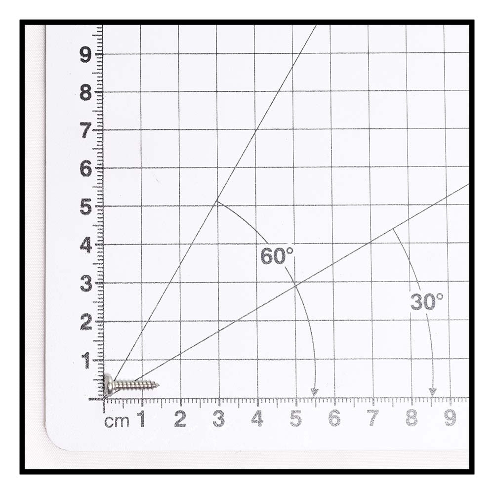 Stainless steel self-tapper screw shown against white grid measuring mat with 30° and 60° angle guides, approximately 3cm length