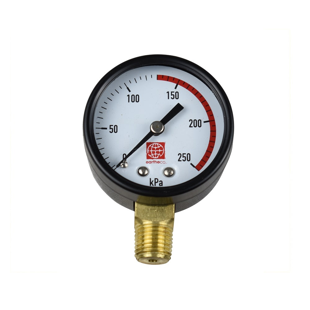Eartheco pressure gauge 0–250 kPa black dial white face red warning zone brass bottom-mount fitting