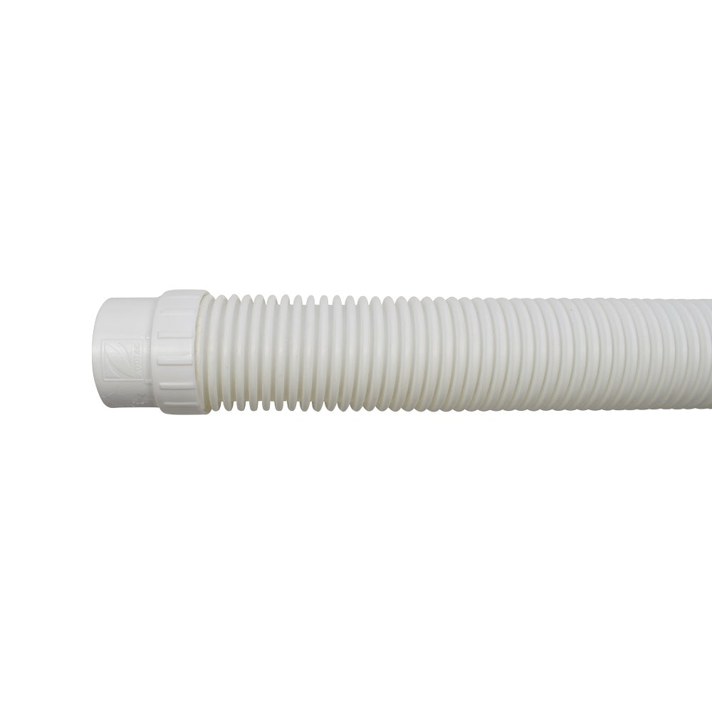 White corrugated plastic pool cleaner hose with threaded Zodiac connector fitting on one end